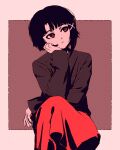  1girl averting_eyes black_hair black_sweater border brown_background brown_eyes closed_mouth commentary elbow_rest expressionless hair_ornament hand_on_own_cheek hand_on_own_face head_rest head_tilt high_contrast iwakura_lain light_frown long_skirt long_sleeves looking_afar looking_to_the_side looking_up moshimoshibe outside_border red_skirt ringed_eyes serial_experiments_lain short_hair sitting skirt solo sweater white_border x_hair_ornament 