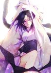  absurdres black_hair glowing glowing_eyes highres japanese_clothes kara_no_kyoukai katana kimono purple_eyes raicy ryougi_shiki short_hair solo stabbing sword weapon 