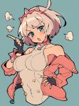  1girl black_gloves blue_background breasts collarbone covered_navel elphelt_valentine fingerless_gloves gloves grey_hair guilty_gear hairband highres index_finger_raised itsuka_neru jacket large_breasts looking_at_viewer open_mouth pink_jacket short_hair sideboob simple_background solo upper_body 