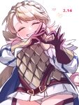  1girl armor blonde_hair braid cape closed_eyes crown_braid facing_viewer feather_trim fire_emblem fire_emblem_heroes heart highres kishiro_azuhito scale_armor sharena_(fire_emblem) solo 