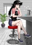  apron arm_support ayukawa_madoka bar_stool black_hair crossed_legs denim denim_skirt glass kimagure_orange_road long_hair looking_at_viewer micchan_(punchdrunker) no_socks pencil_skirt pitcher shoes sitting skirt sneakers solo stool wooden_floor 