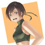  1girl anbe_yoshirou bare_shoulders breasts brown_hair crop_top final_fantasy final_fantasy_vii final_fantasy_vii_remake headband highres looking_at_viewer open_mouth short_hair sleeveless sleeveless_turtleneck solo sweatdrop teeth tongue turtleneck yuffie_kisaragi 