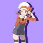 1girl a_(pixiv_17870427) bow brown_eyes brown_hair cabbie_hat creatures_(company) game_freak hat hat_ribbon kotone_(pokemon) nintendo overalls pokemon pokemon_(game) pokemon_hgss red_ribbon ribbon short_twintails simple_background smile solo thighhighs twintails white_legwear 