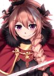  astolfo_(fate) black_bow black_fur bow braid cape cloak cross crown fate/apocrypha fate/grand_order fate_(series) fur-trimmed_cape fur_trim gold_trim hair_bow hair_intakes highres long_hair looking_at_viewer multicolored_hair otoko_no_ko pink_hair purple_eyes red_cape red_cloak rktsm simple_background smile streaked_hair upper_body white_background white_hair 