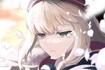 1girl absurdres artoria_caster_(fate) artoria_caster_(second_ascension)_(fate) artoria_pendragon_(fate) beret blonde_hair blue_eyes blurry blurry_background falling_petals fate/grand_order fate_(series) floating_hair hat highres long_hair looking_down parted_lips petals portrait sidelocks solo suzukano_pon swept_bangs tears 