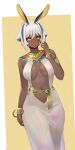  1girl absurdres animal_ears antenna_hair armlet bare_shoulders belly_chain black_hair bracelet breasts center_opening cleavage colored_inner_hair dark-skinned_female dark_skin dress earrings egyptian facepaint facial_mark fate/grand_order fate_(series) gold_trim hairband highres hoop_earrings jackal_ears jewelry large_breasts looking_at_viewer multicolored_hair navel nitocris_(fate) nitocris_alter_(fate) raskasar see-through short_hair sidelocks solo streaked_hair usekh_collar white_dress white_hair yellow_eyes 