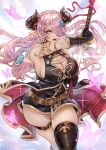  1girl belt blue_eyes braid breasts draph granblue_fantasy hair_ornament hair_over_one_eye highres horns large_breasts long_hair looking_at_viewer magion02 narmaya_(granblue_fantasy) open_mouth pointy_ears running single_braid single_thighhigh solo thighhighs 