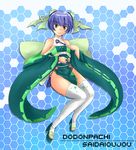  blue_background blue_hair copyright_name dodonpachi dodonpachi_saidaioujou full_body green_eyes highres hikari_(saidaioujou) honeycomb_(pattern) honeycomb_background kitayama_miuki sandals shoes short_hair skirt smile solo thighhighs toeless_legwear white_legwear 