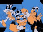  1girl 2boys facial_hair fingerless_gloves gloves goggles goggles_on_headwear hat helmet highres jacket jimmy_t looking_at_viewer mona_(warioware) multiple_boys mustache omu_(sinsindan) one_eye_closed open_clothes open_jacket smile smirk sunglasses thick_eyebrows wario warioware warioware:_touched! 