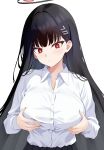  1girl black_hair black_skirt blue_archive breasts buttons closed_mouth collared_shirt hair_ornament hairpin halo highres large_breasts long_hair long_sleeves pleated_skirt raimu_(clanberry000) red_eyes ringed_eyes rio_(blue_archive) shirt simple_background skirt solo white_background white_shirt 