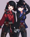  2girls absurdres arm_up belt belt_buckle black_belt black_gloves black_hair black_headwear black_jacket black_pants black_pantyhose black_skirt black_survival blue_eyes blue_hair blue_shirt breasts buckle closed_eyes collared_shirt debi_(black_survival) dress_shirt eternal_return:_black_survival fingerless_gloves gloves grey_background grin hand_on_headwear hand_up highres holding jacket jacket_on_shoulders marlene_(black_survival) medium_breasts multicolored_hair multiple_girls open_clothes open_jacket open_mouth pants pantyhose red_hair red_shirt shirt simple_background skindentation skirt smile stratosphere_(coom1017) thigh_strap two-tone_hair v-shaped_eyebrows 