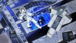  1girl absurdres astronaut black_hair blue_eyes floppy_disk flower helmet highres kenharu original planet scenery solo space space_helmet space_station spacecraft spacesuit 