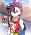  1boy black_hair blurry blurry_background closed_mouth commentary_request hair_between_eyes hand_up highres holding jacket kieran_(pokemon) male_focus mole mole_on_neck multicolored_hair off_shoulder pokemon pokemon_sv purple_hair red_shirt shigeru_(tezx2228) shirt sleeveless sleeveless_shirt smile solo tank_top two-tone_hair white_jacket yellow_eyes 