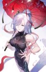  1girl absurdres bare_shoulders black_dress blue_eyes breasts change_(1044080555) cleavage commentary_request dress feet_out_of_frame genshin_impact grey_hair hair_over_one_eye highres holding holding_umbrella long_hair looking_at_viewer official_alternate_costume parted_lips ponytail red_umbrella see-through see-through_cleavage shenhe_(frostflower_dew)_(genshin_impact) shenhe_(genshin_impact) sleeveless sleeveless_dress solo umbrella 