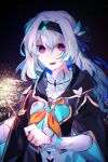  1girl :d absurdres black_eyes black_hairband black_jacket black_ribbon blue_hair blue_pupils bow collared_shirt cropped_jacket firefly_(honkai:_star_rail) fireworks gradient_hair grey_hair hair_between_eyes hair_bow hair_intakes hair_ribbon hairband highres holding_fireworks honkai:_star_rail honkai_(series) jacket long_sleeves looking_at_viewer multicolored_hair neckerchief night night_sky open_mouth orange_neckerchief outdoors peko_teupel pink_eyes red_eyes ribbon shadow shirt sidelocks sky smile solo sparkler star_(sky) two-tone_eyes upper_body white_bow white_shirt 