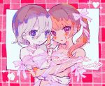  2girls bare_shoulders blue_eyes breasts chocolate closed_mouth hair_ribbon hand_on_another&#039;s_arm hand_on_another&#039;s_face heart highres hug kiato long_hair looking_at_viewer multiple_girls naked_ribbon orange_eyes orange_hair original pale_skin pink_background pink_ribbon ribbon short_hair small_breasts smile sticker_on_face twintails upper_body yuri 