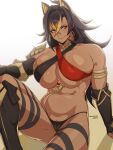  1girl animal_ears arm_support black_hair blonde_hair blue_eyes breasts cameltoe closed_mouth dangle_earrings dark-skinned_female dark_skin dehya_(genshin_impact) earrings genshin_impact highres jewelry knee_up large_breasts long_hair looking_at_viewer multicolored_hair shiny_skin sitting smile solo sulcate 
