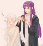  2girls blunt_bangs blush breasts brushing_another&#039;s_hair brushing_hair closed_eyes collarbone dress elf fern_(sousou_no_frieren) frieren green_eyes hair_brush highres holding holding_hair_brush long_hair long_sleeves multiple_girls parted_bangs parted_lips pointy_ears purple_eyes purple_hair sidelocks simple_background sleeveless sleeveless_dress sousou_no_frieren straight_hair twintails white_background white_dress white_hair yellow_nicky zzz 