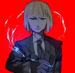  black_gloves blonde_hair blue_eyes blue_fire cornelius_alba crossover fate/zero fate_(series) fire formal gloves harara kara_no_kyoukai male_focus red_background simple_background solo suit 