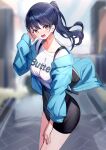  1girl backpack bag black_hair black_skirt blue_jacket blurry blurry_background boku_no_kokoro_no_yabai_yatsu breasts brown_eyes clothes_writing commentary_request depth_of_field earrings english_text hair_between_eyes hand_up highres jacket jewelry long_hair long_sleeves medium_breasts off_shoulder open_clothes open_jacket pencil_skirt ponytail puffy_long_sleeves puffy_sleeves ririko_(zhuoyandesailaer) shirt skirt solo standing white_shirt yamada_anna 