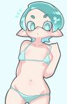  1girl aqua_bikini aqua_eyes aqua_hair arm_behind_back bikini blue_background breasts collarbone commentary_request cowboy_shot eyelashes flower-shaped_pupils groin hekoningyou_(waraningyou) highres inkling_girl inkling_player_character medium_hair navel notice_lines pointy_ears simple_background small_breasts solo splatoon_(series) standing swimsuit symbol-shaped_pupils tentacle_hair thick_eyebrows 