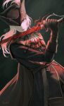  1girl artist_name ascot black_gloves black_headwear black_jacket black_ribbon blood blood_on_clothes bloodborne closed_mouth commentary english_commentary gloves green_eyes hair_ribbon hat hat_feather highres holding holding_sword holding_weapon jacket lady_maria_of_the_astral_clocktower lips long_hair long_sleeves looking_at_viewer one_eye_covered pale_skin ponytail rashuu ribbon solo sword weapon white_ascot white_hair 