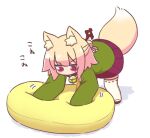  1girl all_fours animal_ear_fluff animal_ears bell blonde_hair collar cushion fox_ears fox_girl fox_tail full_body green_shirt hair_bun highres kemomimi-chan_(naga_u) kneading_(behavior) long_sleeves medium_hair naga_u neck_bell no_mouth original pleated_skirt purple_eyes purple_shirt ribbon-trimmed_thighhighs sandals shadow shirt simple_background single_hair_bun skirt solo tail thighhighs v-shaped_eyebrows white_background white_thighhighs zouri 