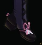  1girl absurdres artist_logo black_background black_footwear commentary english_commentary feet_only footwear_focus genshin_impact high_heels highres mohoshadream pink_ribbon ribbon simple_background solo yun_jin_(genshin_impact) 