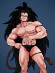 1boy abs absurdres aco_(aco_rz) bara black_hair black_male_underwear briefs bulge dragon_ball dragon_ball_z feet_out_of_frame hand_on_own_stomach head_tilt highres large_pectorals long_hair looking_at_viewer male_focus male_underwear mature_male monkey_tail muscular muscular_male navel nipples pectorals raditz seductive_smile simple_background smile solo spiked_hair standing stomach tail thick_eyebrows thick_thighs thighs topless_male underwear uneven_eyes v-taper very_long_hair 