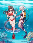  2girls ass bikini black_eyes black_hair blunt_bangs braid breasts brown_gloves bubble circlet cleavage commentary commission english_commentary fire_emblem fire_emblem_awakening fire_emblem_heroes fish flippers flower french_braid full_body gloves hair_flower hair_ornament large_breasts long_hair looking_at_viewer medium_breasts multiple_girls navel official_alternate_costume oxygen_mask oxygen_tank purple_bikini red_bikini red_flower rein_creamsoda robin_(female)_(fire_emblem) robin_(female)_(summer)_(fire_emblem) robin_(fire_emblem) scuba scuba_gear scuba_tank stomach swept_bangs swimsuit tharja_(fire_emblem) tharja_(summer)_(fire_emblem) twintails twitter_username two_side_up underwater water yellow_eyes 