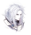  1boy armor bishounen black_shirt blue_eyes cape colored_skin commentary_request dated expressionless final_fantasy final_fantasy_i hiryuu_(kana_h) long_hair looking_to_the_side male_focus shirt signature simple_background solo turtleneck_shirt upper_body warrior_of_light_(ff1) white_background white_hair white_skin yellow_cape 