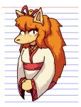 anthro asian_clothing barely_visible_cleavage bell_bow blush blush_stickers bow_ribbon breasts canid canine ceroba_(undertale_yellow) clasped_hands clothing couckee east_asian_clothing female fox hair hair_bell hi_res japanese_clothing kimono long_hair looking_at_viewer mammal multicolored_clothing multicolored_kimono ponytail prick_ears red_clothing red_hair red_kimono smile snout solo two_tone_clothing two_tone_kimono undertale_(series) undertale_yellow white_clothing white_kimono