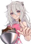  1girl absurdres ahoge alternate_costume animal_ears apron blush chocolate chocolate_on_face chocolate_on_hand food food_on_face food_on_hand grey_eyes grey_hair highres hololive lion_ears lion_girl long_hair looking_at_viewer ming.tian pink_apron shishiro_botan smile ssrb_(shishiro_botan) tongue tongue_out virtual_youtuber white_background 