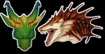 ambiguous_gender black_background blue_horn cheek_frill dragon ear_frill fangs frill_(anatomy) front_view green_body green_horn green_scales head_crest head_frill hi_res horn khyaber mouth_closed multicolored_horn multiple_images neck_frill open_mouth orange_body orange_eyes orange_frill orange_horn scales scalie side_view simple_background solo tan_body tan_frill teeth yellow_eyes yellow_horn
