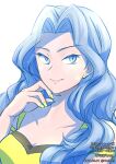  1girl bare_arms bare_shoulders blue_eyes blue_hair breasts camisole cleavage collarbone crop_top dated hair_over_breasts karen_(pokemon) large_breasts light_blue_hair long_hair parted_bangs pokemon pokemon_hgss ratowa spaghetti_strap upper_body wavy_hair yellow_camisole yellow_nails 