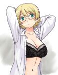  1girl arms_behind_head bespectacled black_bra blonde_hair blue_eyes blush bow bow_bra bra braid breasts cleavage collarbone collared_shirt darjeeling_(girls_und_panzer) girls_und_panzer glasses long_sleeves looking_at_viewer navel open_clothes open_mouth open_shirt parted_lips revision shirt simple_background solo swept_bangs underwear uona_telepin white_shirt 