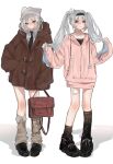  1girl absurdres bag bandaid bandaid_on_leg beanie black_footwear black_hairband black_necktie black_shirt blush boots bow brown_jacket closed_mouth collarbone collared_shirt firefly_(honkai:_star_rail) grey_eyes grey_hair grey_socks hair_between_eyes hair_bow hairband hand_in_pocket hat highres holding holding_bag holding_own_hair honkai:_star_rail honkai_(series) hood hood_down hoodie jacket kyomi_vanilla long_hair looking_at_viewer loose_socks miniskirt multiple_views necktie no_pants pink_hoodie pink_skirt shirt shoes simple_background skirt sleeves_past_fingers sleeves_past_wrists smile socks twintails white_background white_bow white_headwear white_shirt 