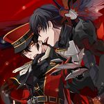  arisu_(nine_avenue) armor belt black_armor black_hair blade_master_(elsword) edan_(elsword) elsword hat male_focus multiple_boys raven_(elsword) reckless_fist_(elsword) red_background red_eyes smile uniform valak_(elsword) yaoi yellow_eyes 