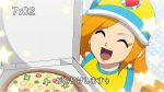  1girl baseball_cap closed_eyes food hat holding holding_food holding_pizza hoshi_(star-name2000) long_hair mona_(warioware) mushroom open_mouth orange_hair pepperoni pizza pizza_box pizza_delivery shirt sleeveless sleeveless_shirt star_(symbol) warioware warioware:_twisted! yellow_shirt 