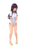  1girl black_hair blue_buruma breasts buruma closed_mouth commentary_request full_body grey_eyes gym_shirt gym_uniform hair_between_eyes highres long_hair looking_at_viewer nonaka_ritsu original puffy_short_sleeves puffy_sleeves shirt shoes short_sleeves simple_background small_breasts solo standing uwabaki very_long_hair white_background white_footwear white_shirt 