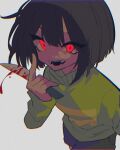  1other black_shorts blood blood_on_knife brown_hair chara_(undertale) chromatic_aberration evil_smile fangs glowing glowing_eyes green_sweater grey_background highres holding holding_knife index_finger_raised knife looking_at_viewer open_mouth other_focus r_ego999 red_eyes short_hair shorts simple_background single_horizontal_stripe smile solo sweater undertale 