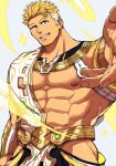  1boy abs bara blonde_hair clothing_cutout crave_saga facial_mark floating floating_object floating_weapon green_eyes grin large_pectorals looking_at_viewer male_focus mamoru_(crave_saga) multicolored_hair muscular muscular_male nattukre nipples pectorals reaching reaching_towards_viewer short_hair simple_background smile solo sparkle sword two-tone_hair unfinished weapon white_hair 