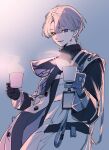 1boy absurdres adachi_imaru black_coat black_gloves blue_background blue_eyes coat colored_sclera cup gloves gradient_background grey_hair grey_sclera hands_up heterochromia highres holding holding_cup id_card looking_at_viewer male_focus mismatched_sclera multicolored_coat parted_lips reverse:1999 short_hair solo standing steam two-tone_coat upper_body white_coat x_(reverse:1999) yellow_eyes 