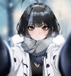  1girl ahoge black_gloves black_hair black_shirt blue_hair blunt_bangs blurry blurry_background breasts brown_eyes cleavage closed_mouth coat earclip enpera expressionless fur-trimmed_coat fur_trim gloves grey_scarf hands_on_another&#039;s_cheeks hands_on_another&#039;s_face highres irene_(kanniiepan) kanniiepan meme mole mole_on_breast mole_under_eye multicolored_hair open_clothes open_coat original pov pov_cheek_warming_(meme) scarf shirt solo streaked_hair white_coat 