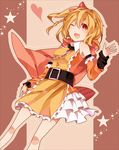  aji77 bad_id bad_pixiv_id belt blonde_hair bow detached_sleeves dress frills hair_bow kagerou_project kisaragi_attention_(vocaloid) kisaragi_momo looking_at_viewer one_eye_closed open_mouth pointing pointing_at_viewer red_eyes short_hair side_ponytail solo vocaloid 