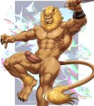 abs amonsyd anthro balls bandai_namco blonde_hair clawed_fingers claws digimon digimon_(species) ear_piercing ear_ring erection genitals hair hi_res knife leomon male muscular muscular_anthro nipples nude pecs penis piercing pubes ring_piercing solo toe_claws