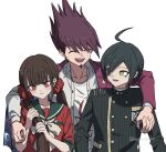  1girl 2boys :d ahoge arm_around_shoulder black_jacket black_sailor_collar blunt_bangs blush bow bowtie breast_pocket brown_eyes brown_hair buttons danganronpa_(series) danganronpa_v3:_killing_harmony double-breasted hair_ornament hairclip harukawa_maki jacket long_hair long_sleeves looking_at_another mechnmechn mole mole_under_eye momota_kaito multiple_boys open_clothes open_shirt pink_jacket pocket pout red_eyes red_shirt saihara_shuichi sailor_collar shirt short_hair smile spiked_hair star_(symbol) star_print striped_clothes striped_jacket twintails upper_body white_bow white_bowtie white_shirt 