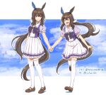  2girls admire_vega_(umamusume) animal_ears bow bowtie breasts brown_footwear brown_hair clone closed_eyes closed_mouth cofee_fan full_body holding_hands horse_ears horse_girl horse_tail long_hair looking_at_another low_ponytail multiple_girls open_mouth purple_shirt sailor_collar school_uniform shirt shoes skirt small_breasts smile tail tracen_school_uniform twitter_username umamusume walking white_background white_skirt 