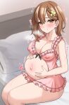  1girl atelier_(series) atelier_ryza atelier_ryza_1 big_belly blush braid breasts brown_eyes brown_hair cleavage closed_mouth collarbone commentary_request covered_nipples hair_ornament hairclip highres kibihimi large_breasts looking_at_viewer navel pregnant reisalin_stout sitting smile solo sweat thick_thighs thighs translation_request 