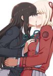  2girls belt black_hair blonde_hair blue_belt blue_dress blue_ribbon blush breasts dress french_kiss grabbing grabbing_another&#039;s_breast green_ribbon grey_dress hair_ribbon highres hug inoue_takina jinsai_sa_sa kiss long_hair long_sleeves looking_at_viewer lycoris_recoil lycoris_uniform multiple_girls nishikigi_chisato open_mouth pleated_dress purple_eyes red_belt red_dress red_eyes red_ribbon ribbon shirt short_hair simple_background standing two-tone_dress white_background yuri 